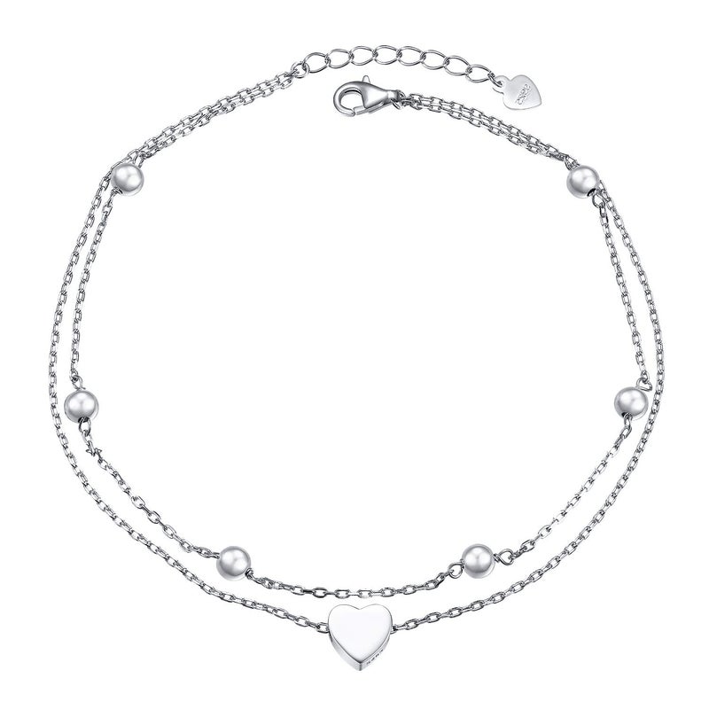 FLYOW Anklet for Women S925 Sterling Silver Adjustable Foot Beaded Heart Charm Ankle Bracelet Anklets Jewelry - Image 1